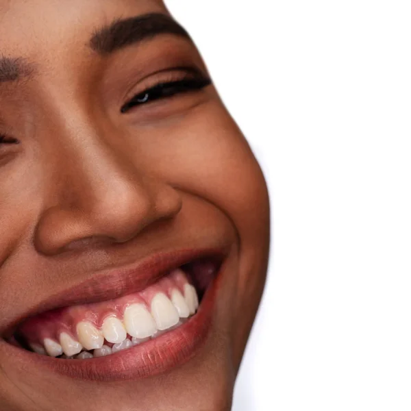 Közeli Portréja Egy Gyönyörű Mosolygó Boldog Tiszta Bőr Izolált Fehér — Stock Fotó