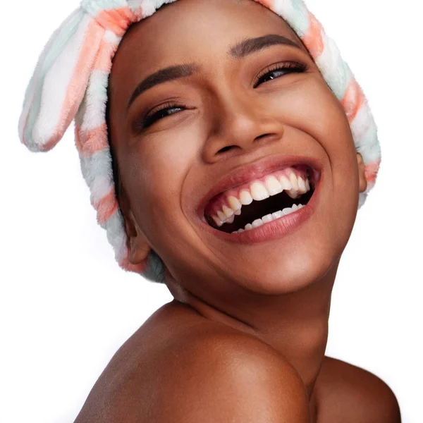 Retrato Cerca Una Hermosa Mujer Feliz Sonriente Con Piel Limpia — Foto de Stock