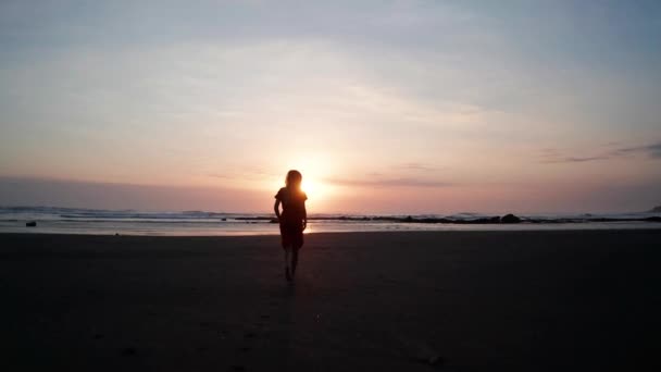 Silueta Mujer Playa Atardecer Mujer Relajándose Playa Arena Negra Atardecer — Vídeos de Stock