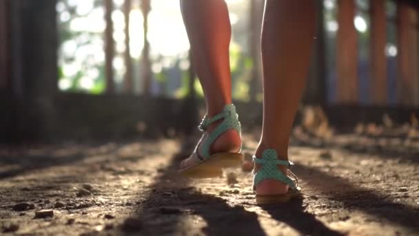 Closeup Female Legs Walking Abandoned Building Sunlight Rays Video Slow — Stock Video