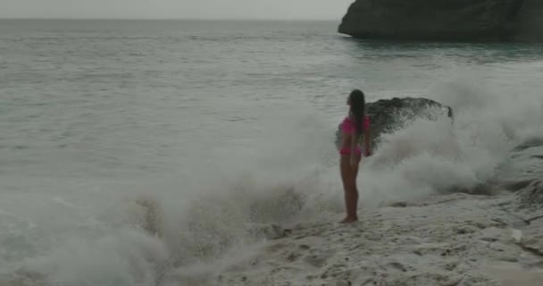 美丽的晒黑健身女人在粉红色比基尼玩 花空闲时间在海滩 视频在慢动作 — 图库视频影像
