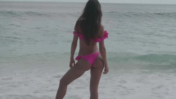 美丽的晒黑健身女人在粉红色比基尼站在海水背景的海滩的背面视图 视频在慢动作 — 图库视频影像