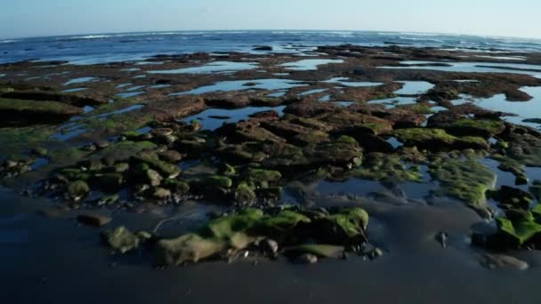 无人机飞过黑色波光粼粼的沙滩和海与岩石 — 图库视频影像