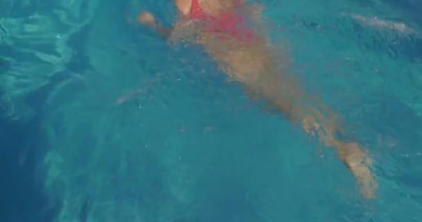 Hermosa Mujer Traje Baño Rojo Gafas Sol Nadando Piscina Aire — Vídeo de stock