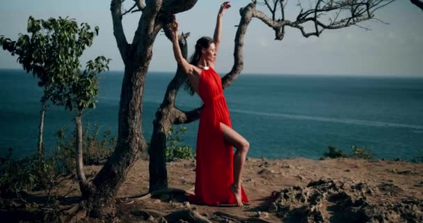 Mooie Vrouw Rode Jurk Poseren Zee Shore Cliff Tijdens Zonnige — Stockvideo