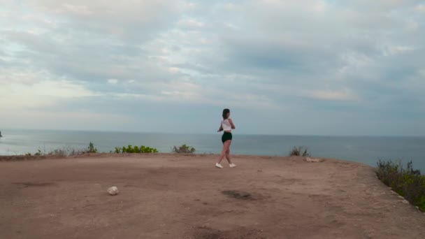 Vista Aérea Del Avión Tripulado Joven Atractiva Mujer Tomando Descanso — Vídeo de stock