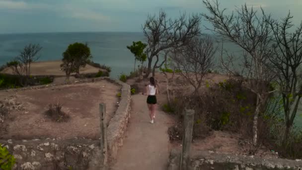 Luchtfoto Drone Weergave Van Jonge Aantrekkelijke Vrouw Joggen Zee Shore — Stockvideo