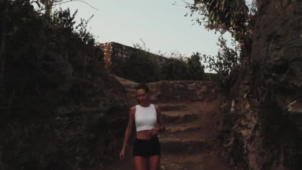 Aerial Drone View Young Attractive Woman Taking Break Morning Jogging — Stock Video