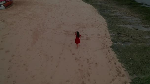 Aerial Drone View Beautiful Woman Red Dress Posing Sandy Beach — Stock Video