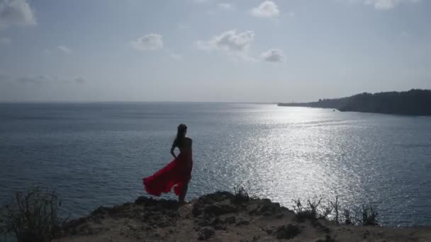 在阳光明媚的夏日 身着红色礼服的漂亮女人站在海边悬崖上的无人机后视图 — 图库视频影像