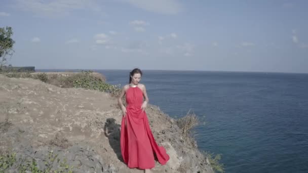 在阳光明媚的夏日 身着红色礼服的漂亮女人在海边悬崖上摆姿势的无人机空中视图 — 图库视频影像