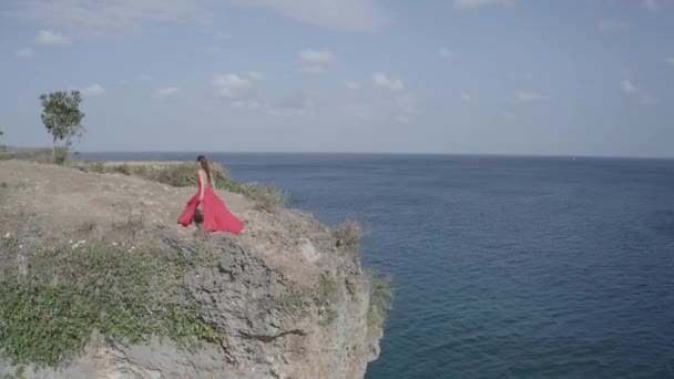 晴れた夏の日に海岸の崖の上を歩く赤いドレスを着た美しい女性の空中ドローンビュー — ストック動画