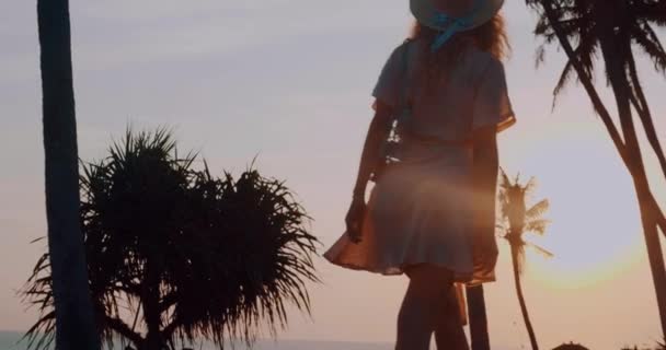 Vista Trasera Chica Bastante Feliz Vestido Sombrero Relajante Playa Tropical — Vídeo de stock