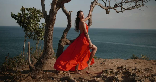 Bella Donna Abito Rosso Piedi Sulla Scogliera Riva Del Mare — Foto Stock