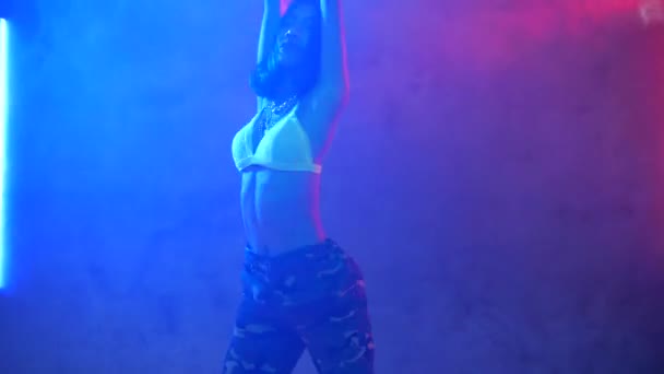 Young Beautiful Woman Dancing Hip Hop Street Dancing Smoky Studio — Stock Video