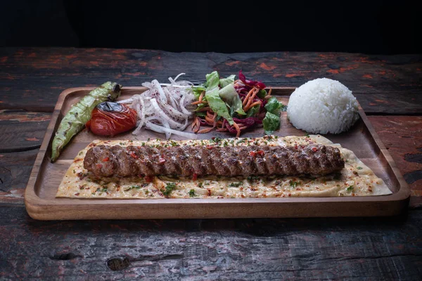 Turkish Lula Lamb Beef Kebab Rice Vegetables Isolated Rustic Wooden — Stock Photo, Image