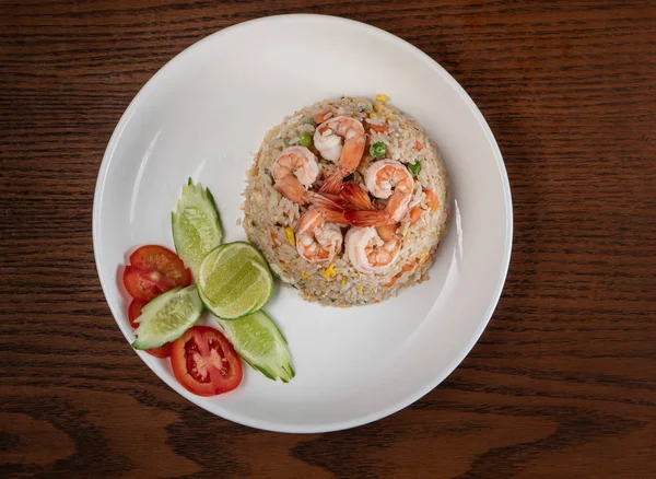 Top View Thai Food Shrimp Fried Rice Isolated Wooden Table — Stock Photo, Image