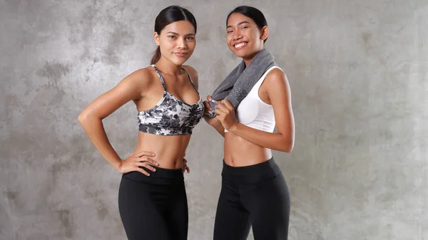 Two Beautiful Young Asian Women Gym Happy Female Friends Spending — Stock Photo, Image