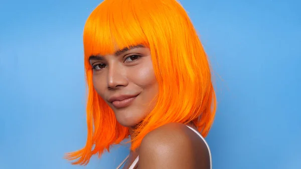 Portrait Beautiful Happy Asian Woman Bright Orange Wig Posing Blue — Stock Photo, Image