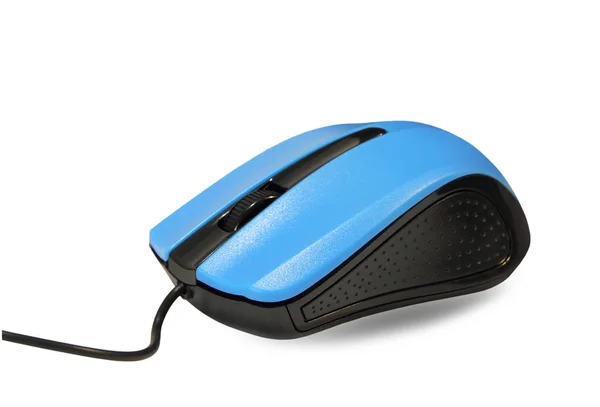 Souris d'ordinateur bleue et noire avec ombre isolée sur le dos blanc — Photo