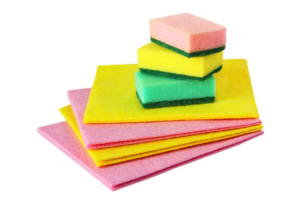 Pile Multicolored Cleaning Micro Fiber Cloth Cleaning Sponges Isolated White — Stock Photo, Image