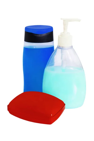 Multicolored Shower Gel Liquid Soap Plastic Pump Bottle Soap Dish — Stock Photo, Image