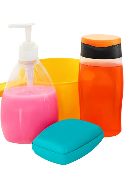 泡沫凝胶 液体肥皂塑料泵瓶 肥皂盘和水桶 白色背景隔离 — 图库照片