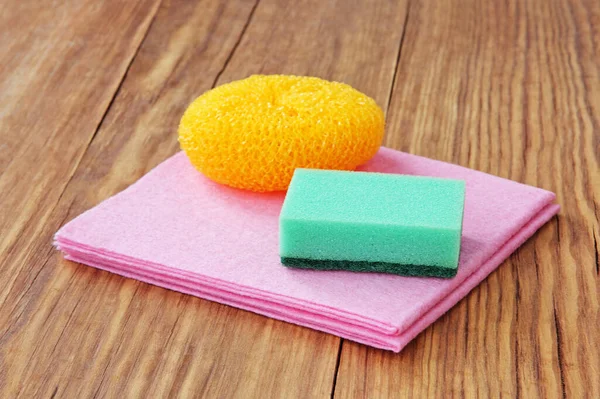 Household Concept Cleaning Sponge Brush Scrubber Micro Fiber Cloth Wooden — Stock Photo, Image