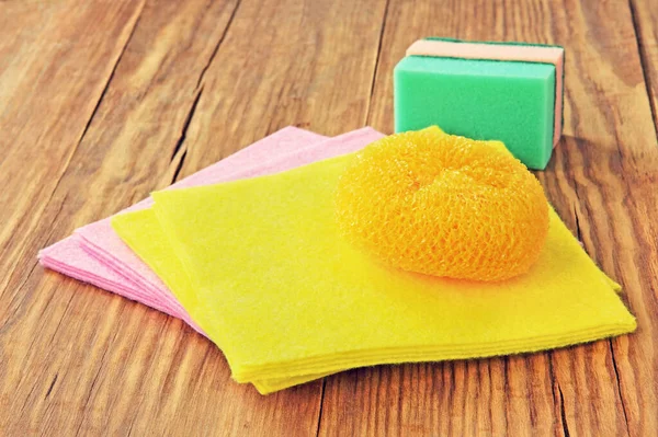 Cleaning Sponges Micro Fiber Cloth Brush Scrubber Wooden Background Household — Stock Photo, Image