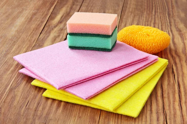 Pile Cleaning Sponges Micro Fiber Cloth Brush Scrubber Wooden Background — Stock Photo, Image