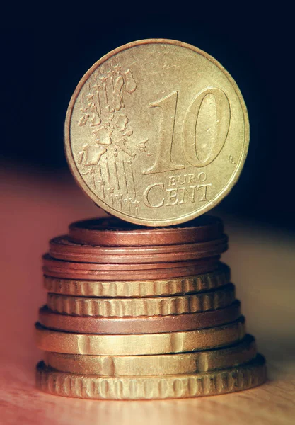 Ten Euro Cent Coin Balancing Top Coins Pile — Stock Photo, Image