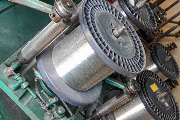 Steel Wire Spools Braiding Machine Taken Closeup Flexible Metal Hose — Stock Photo, Image