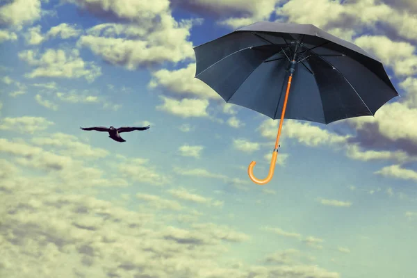 Mary Poppins Umbrella Black Umbrella Flies Dramatic Sky Wind Change Royalty Free Stock Images