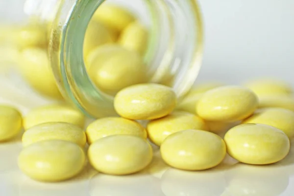 Medication Pills Spilled Out Glass Drug Bottle White Background Taken — Stock Photo, Image
