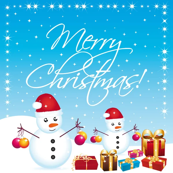 Merry Christmas Greeting Card Snowmen Gifts Vector Illustration — Stock Vector