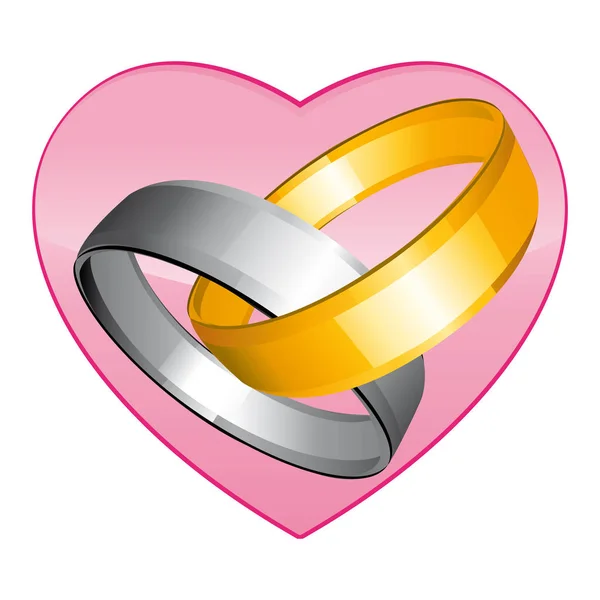 Zwei Goldene Und Silberne Trauringe Rosa Herz Vektorsymbol — Stockvektor