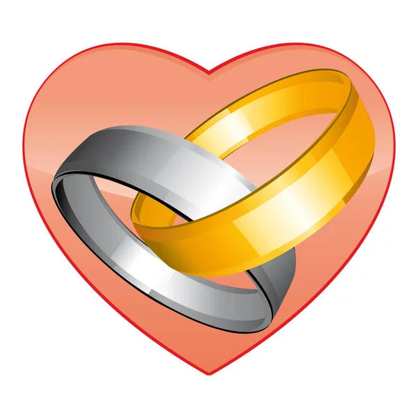 金と銀の結婚指輪が2つ赤いハートベクトルアイコン — ストックベクタ