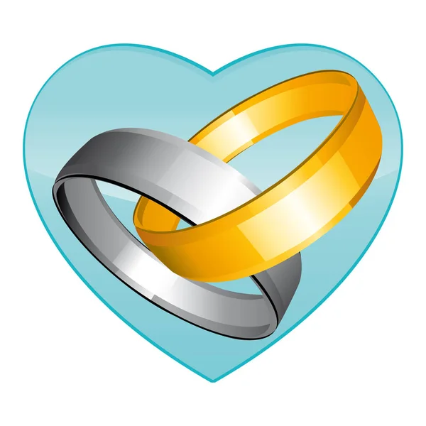 Two Gold Silver Wedding Rings Green Heart Vector Icon — Stock Vector