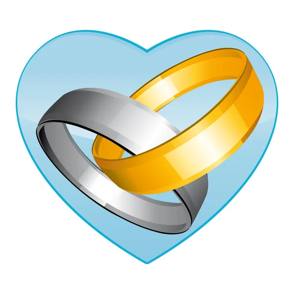 Two Gold Silver Wedding Rings Blue Heart Vector Icon — Stock Vector