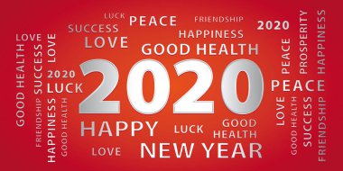 2020 Happy New Year kırmızı ve gümüş afiş. Vektör çizimi.