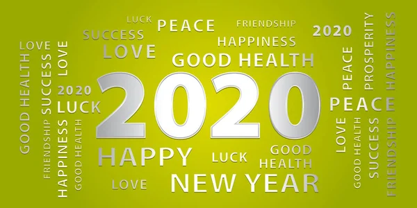 2020 Happy New Year yeşil ve gümüş afiş. Vektör çizimi.