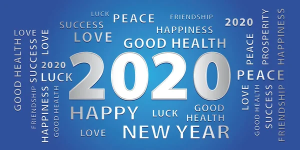 2020 Happy New Year mavi ve gümüş afiş. Vektör çizimi.