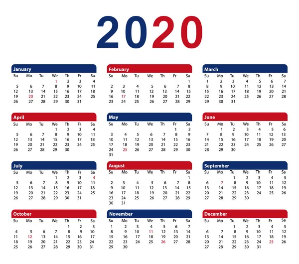 Calendario Usa 2020 Meses Colores Bandera Americana Vector Imprimible Diseño — Vector de stock