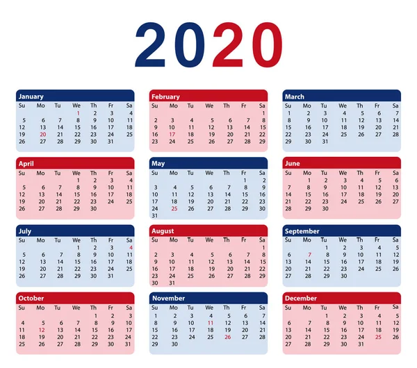2020 Kalendarz Usa Miesięcy Kolory Amerykańskiej Flagi Wektor Druku Projekt — Wektor stockowy