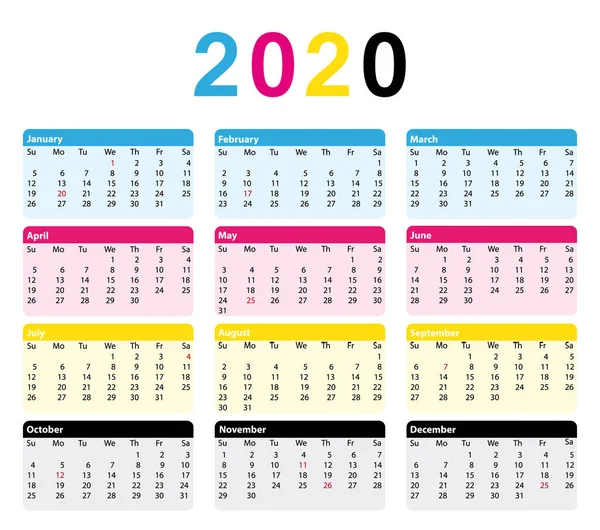 Calendario Cmyk Usa 2020 Meses Diseño Imprimible Vectorial — Vector de stock