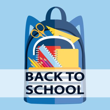 Okula dönelim. Okul malzemeleriyle dolu bir sırt çantası. Görüntü.