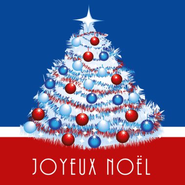 Süslü ağaçlı mutlu noel tebrik kartları. Fransızca konuş. Fransız bayrağı renginde vektör illüstrasyonu.