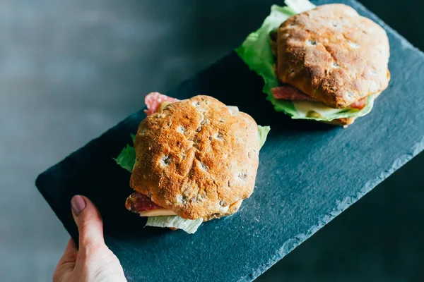 Toasts with Salami or Ham, Cheese, Pickles, Lettuce and Mustard — Stock Photo, Image