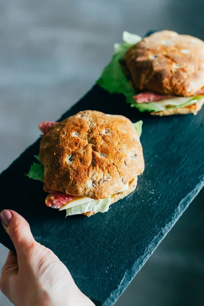 Toasts with Salami or Ham, Cheese, Pickles, Lettuce and Mustard — Stock Photo, Image