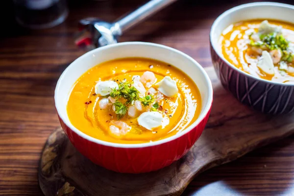 Sweet Potato Soup with Carrot, Pumpkin, Shrimps, Feta Cheese, Pa — Stock Image Sweet Potato Soup with Carrot, Pumpkin, Shrimps, Feta Cheese, Pa Stock Image